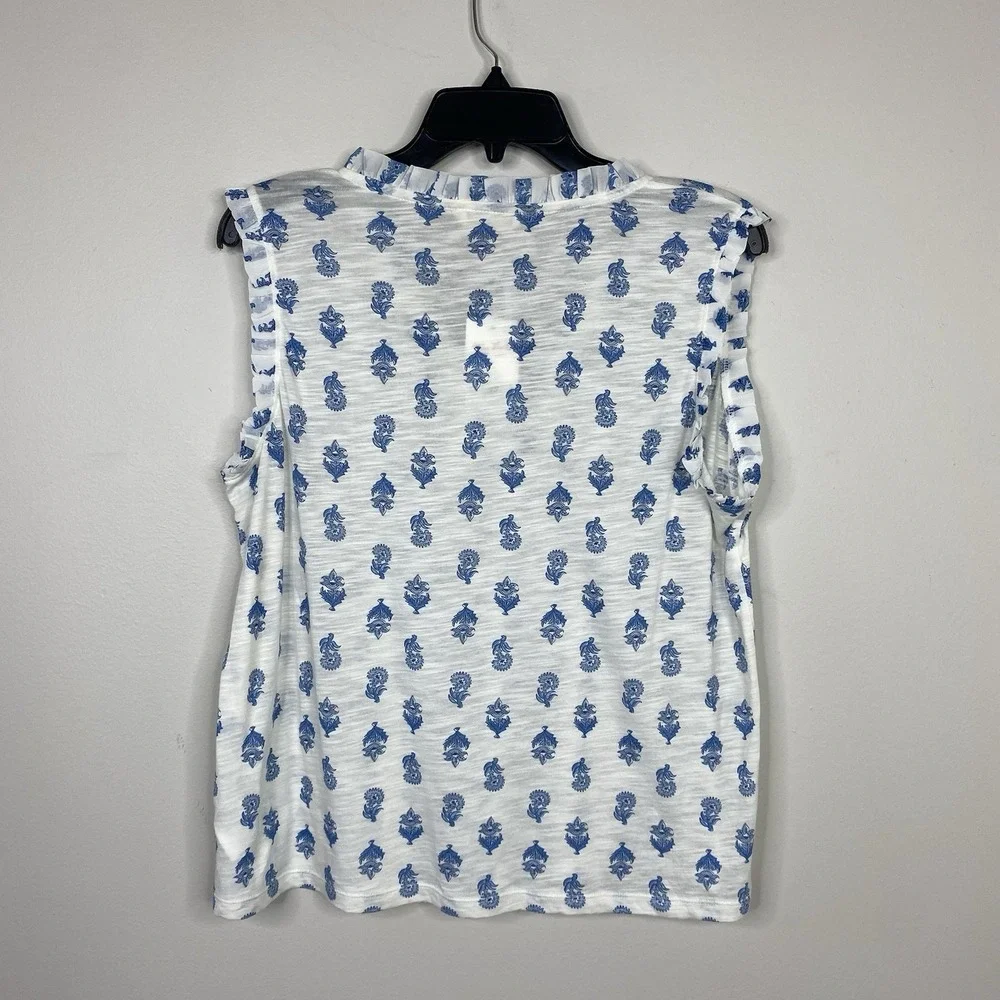 Lucky Brand Sz M Blue White Floral Print Ruffle Split Tie Neck Top Lightweight - Picture 3 of 15